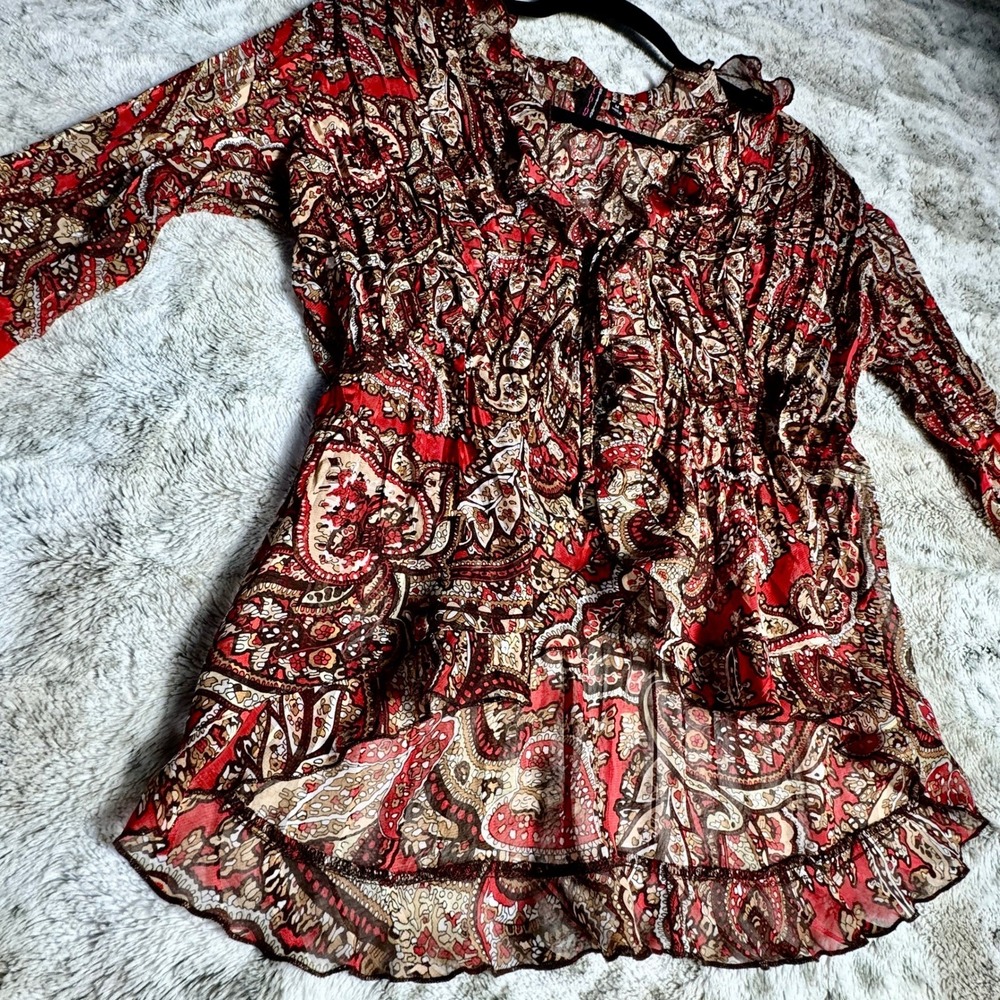 Y2K Red Paisley Sheer Top Long Sleeve Ruffle Bohemian Flutter Festive Ruffle